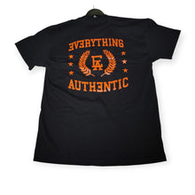 Load image into Gallery viewer, Black t-shirt with orange text and logo on a white background